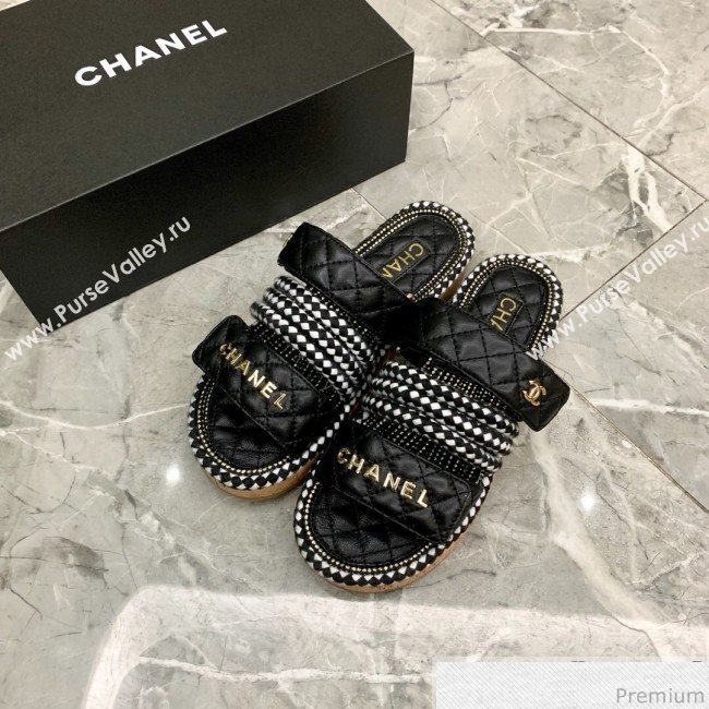 Chanel Flat Cord Slide Sandals G34603 Black/Ivory White 2019 (A8-9031948)