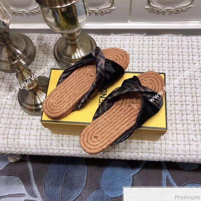 Fendi Twist Flat Satin Slide Sandals Black 2019 (ANDI-9032001)