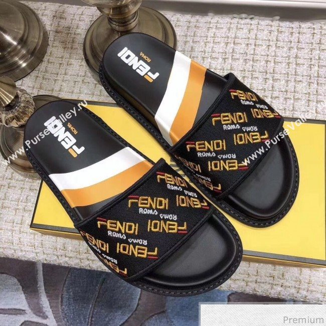 Fendi Flat Satin Slide Sandals in Embroidered Canvas and Lambskin Black 2019 (ANDI-9032004)