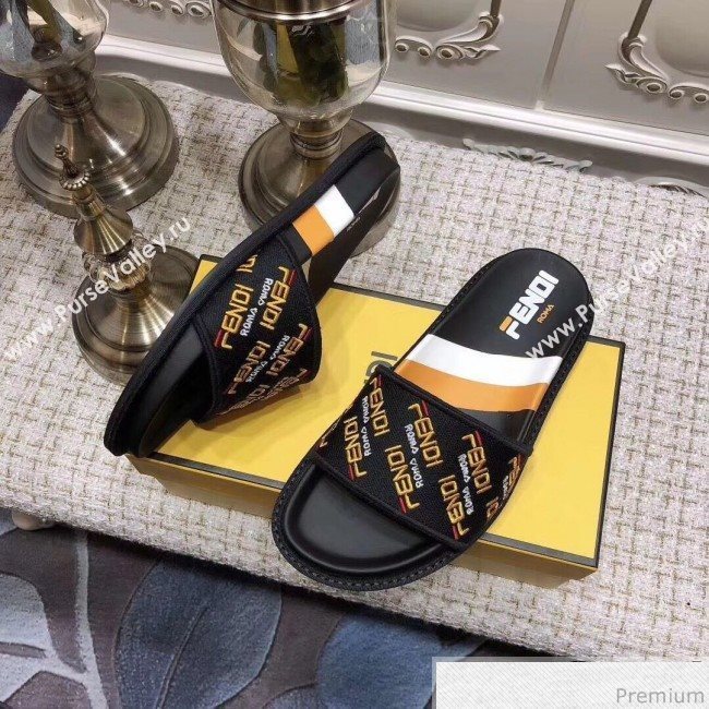 Fendi Flat Satin Slide Sandals in Embroidered Canvas and Lambskin Black 2019 (ANDI-9032004)