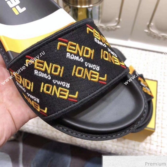 Fendi Flat Satin Slide Sandals in Embroidered Canvas and Lambskin Black 2019 (ANDI-9032004)