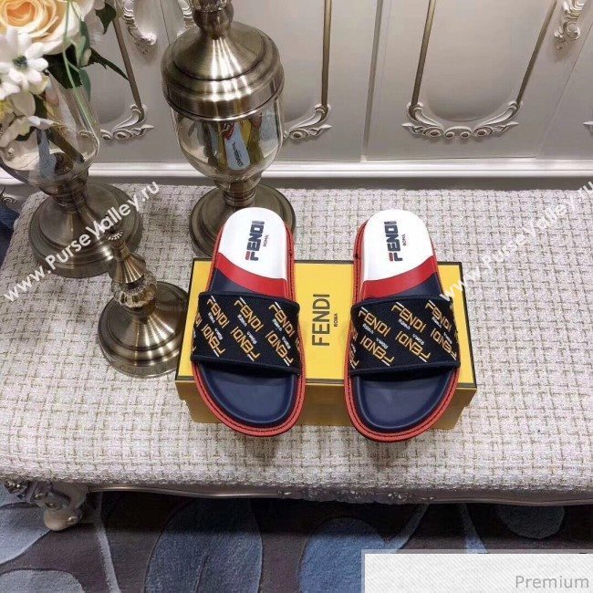 Fendi Flat Satin Slide Sandals in Embroidered Canvas and Lambskin Blue 2019 (ANDI-9032006)