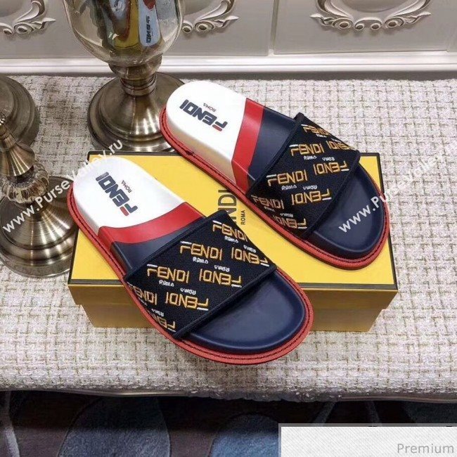 Fendi Flat Satin Slide Sandals in Embroidered Canvas and Lambskin Blue 2019 (ANDI-9032006)