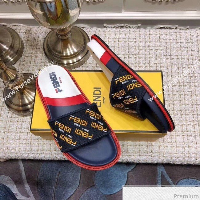 Fendi Flat Satin Slide Sandals in Embroidered Canvas and Lambskin Blue 2019 (ANDI-9032006)