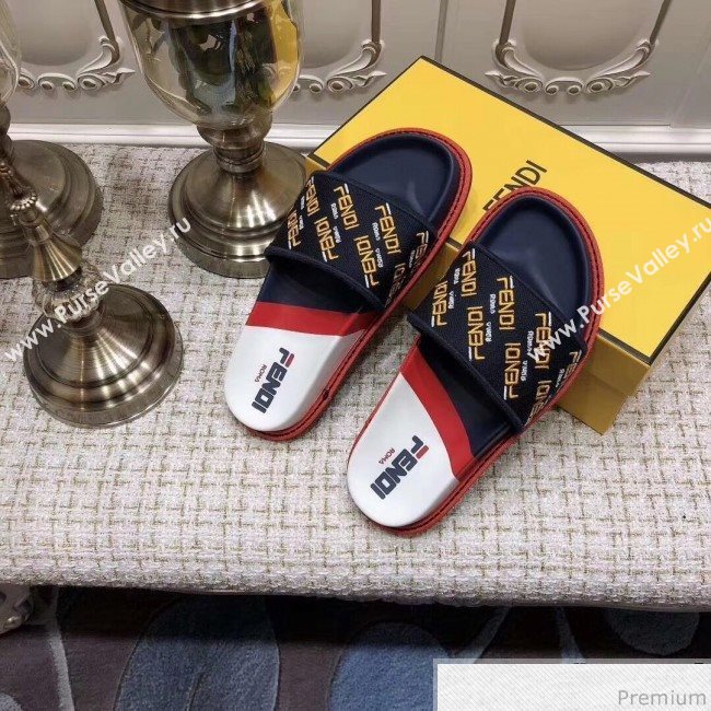 Fendi Flat Satin Slide Sandals in Embroidered Canvas and Lambskin Blue 2019 (ANDI-9032006)