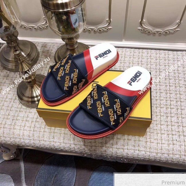 Fendi Flat Satin Slide Sandals in Embroidered Canvas and Lambskin Blue 2019 (ANDI-9032006)