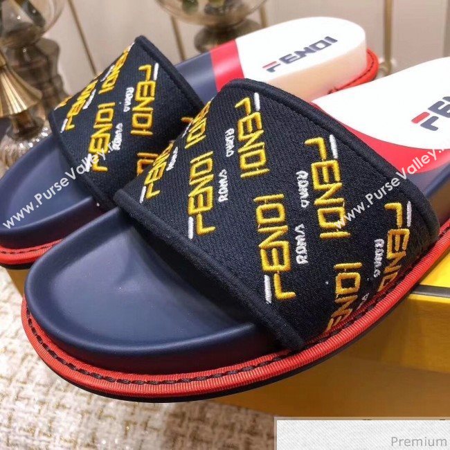 Fendi Flat Satin Slide Sandals in Embroidered Canvas and Lambskin Blue 2019 (ANDI-9032006)