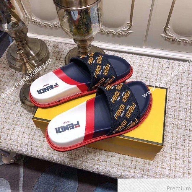 Fendi Flat Satin Slide Sandals in Embroidered Canvas and Lambskin Blue 2019 (ANDI-9032006)