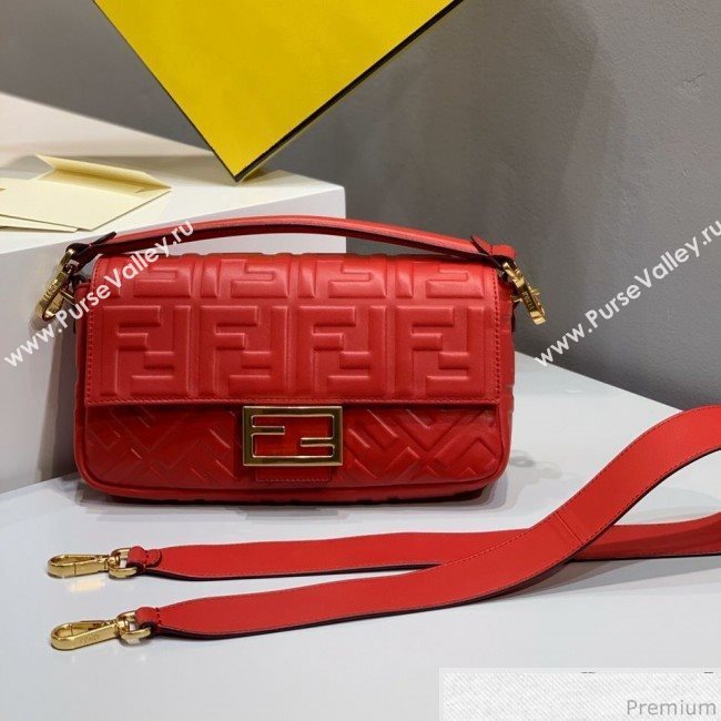 Fendi Baguette Medium FF Logo Lambskin Flap Bag Red 2019 (CL-9031838)