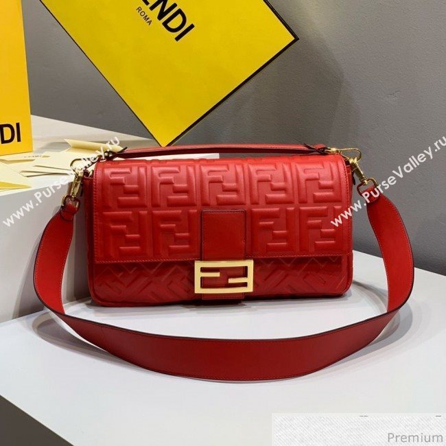 Fendi Baguette Large FF Logo Lambskin Flap Bag Red 2019 (CL-9031837)