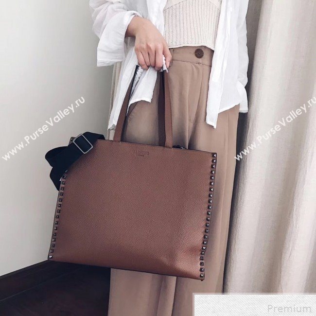 Valentino Rockstud Trimmed Shopper Tote Brown 2019 (JJ3-9042412)