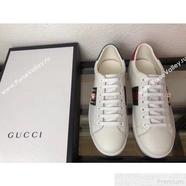 Gucci Ace Studded Leather Sneaker with Pearls 431887 2019 (ANQI-9042466)