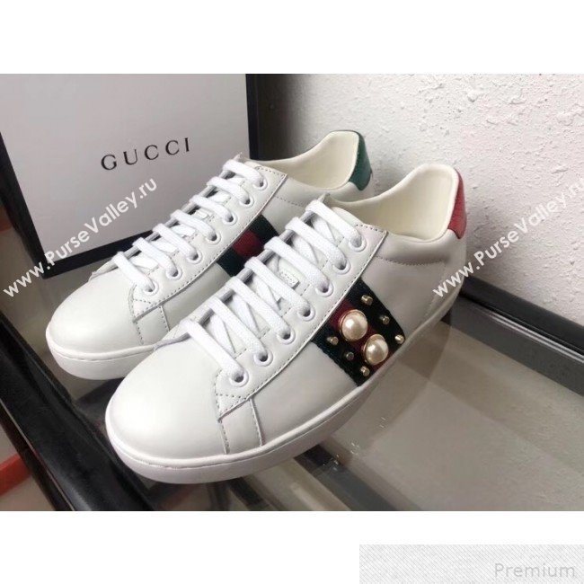 Gucci Ace Studded Leather Sneaker with Pearls 431887 2019 (ANQI-9042466)