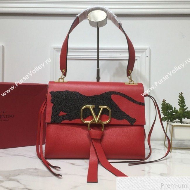 Valentino Leopard Medium VRING Calfskin Shoulder Bag Red 2019 (XYD-9042642)