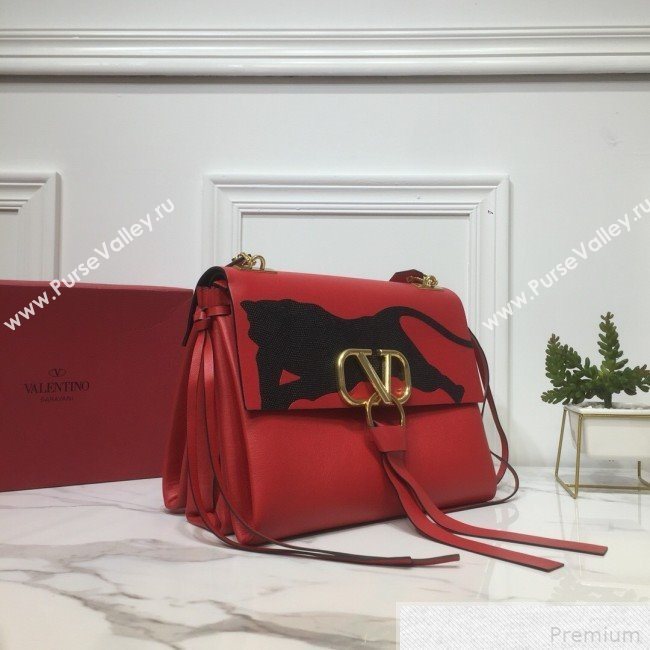 Valentino Leopard Medium VRING Calfskin Shoulder Bag Red 2019 (XYD-9042642)