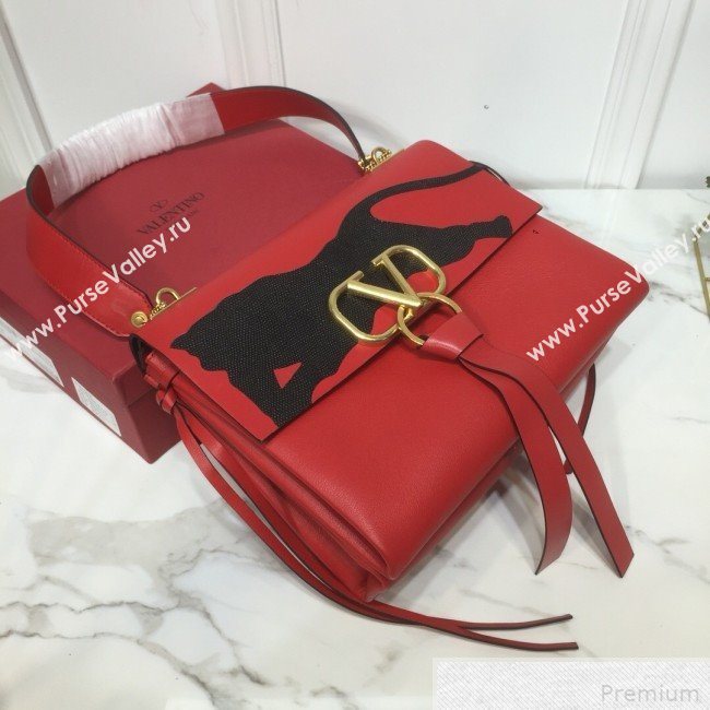 Valentino Leopard Medium VRING Calfskin Shoulder Bag Red 2019 (XYD-9042642)