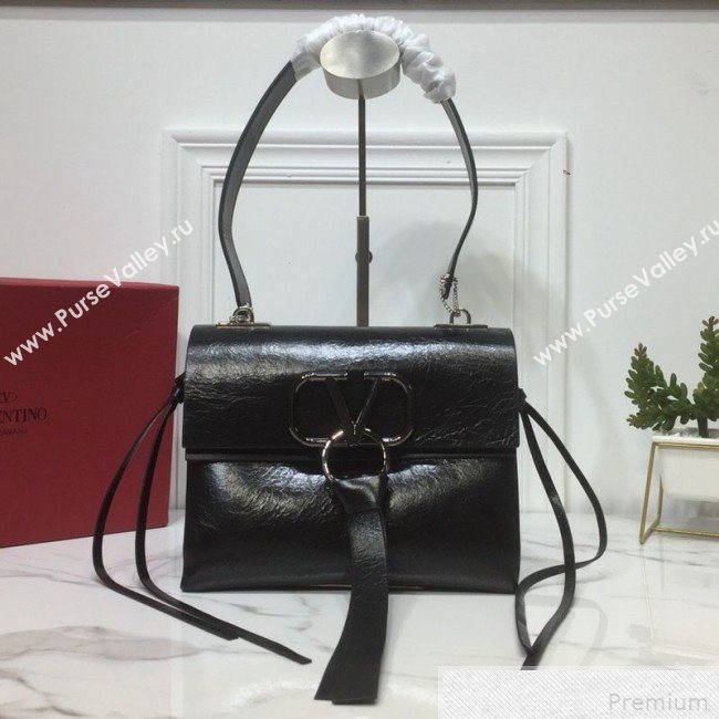 Valentino Small VRING Crinkle Calfskin Shoulder Bag Black 2019 (XYD-9042643)