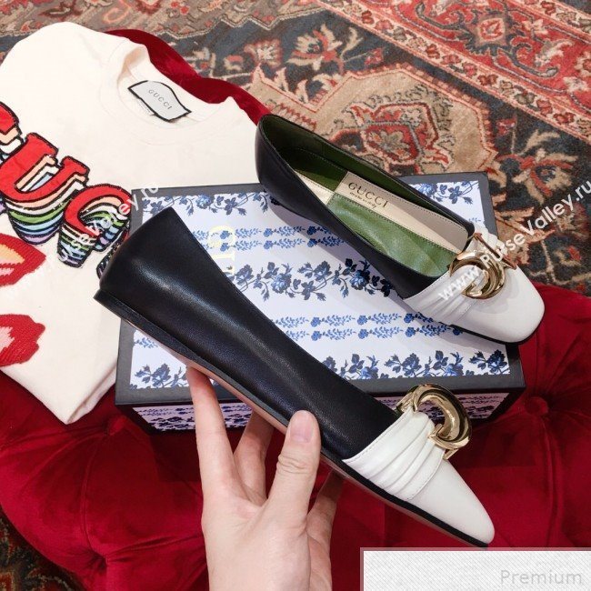 Gucci Leather Ballet Flat with Half Moon GG 572816 White/Black 2019 (KL-9042844)