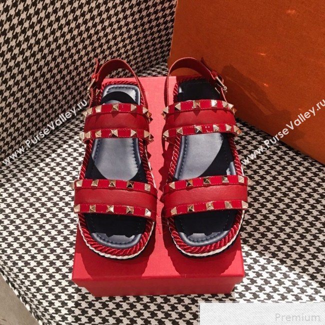 Valentino Rockstuds Torchon Flat Sandals Red 2019 (KL-9042864)