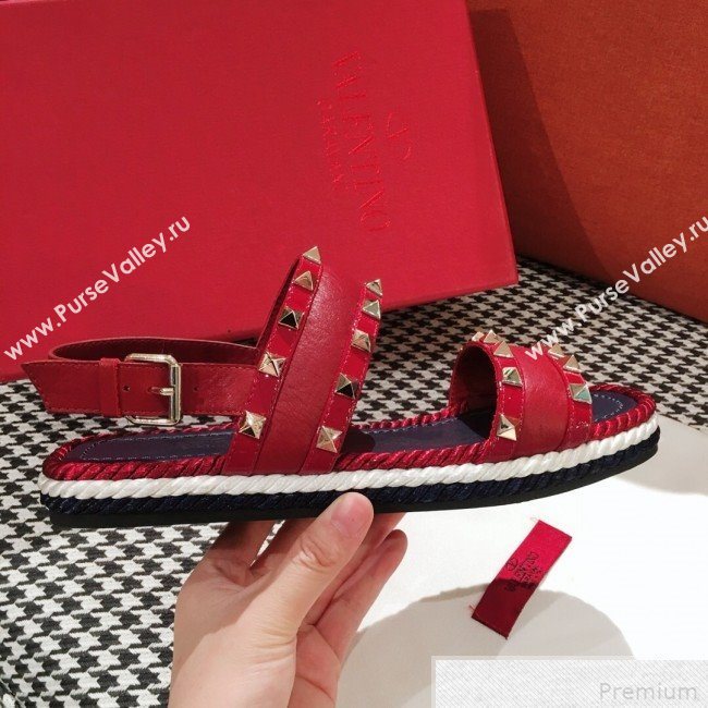 Valentino Rockstuds Torchon Flat Sandals Red 2019 (KL-9042864)
