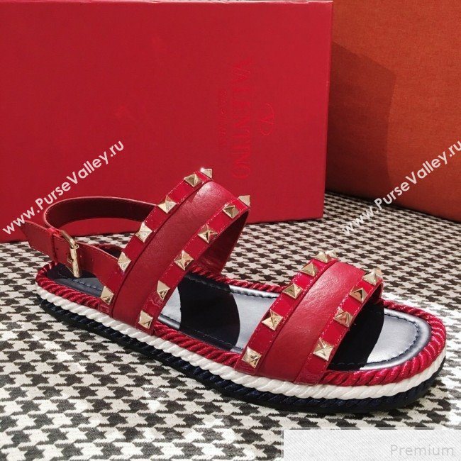 Valentino Rockstuds Torchon Flat Sandals Red 2019 (KL-9042864)