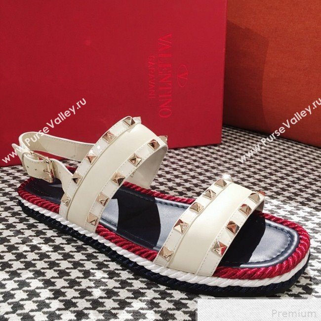 Valentino Rockstuds Torchon Flat Sandals White 2019 (KL-9042865)