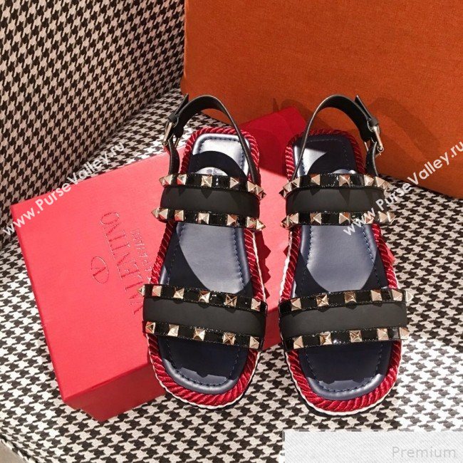 Valentino Rockstuds Torchon Flat Sandals Black 2019 (KL-9042866)