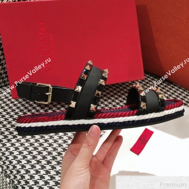 Valentino Rockstuds Torchon Flat Sandals Black 2019 (KL-9042866)