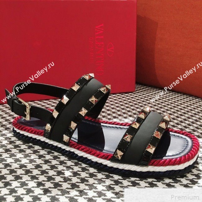 Valentino Rockstuds Torchon Flat Sandals Black 2019 (KL-9042866)