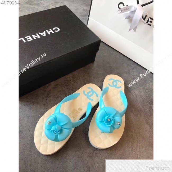 Chanel Camellia Flat Slide Sandals Blue 2019 (EM-9042809)