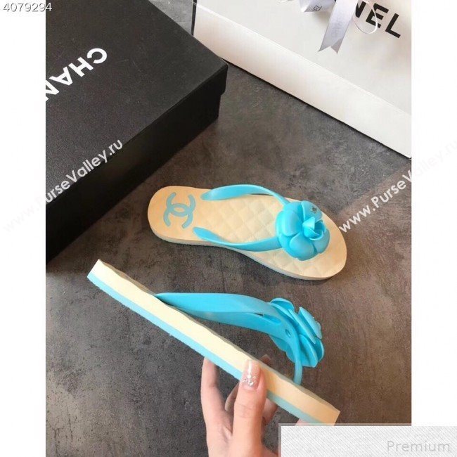 Chanel Camellia Flat Slide Sandals Blue 2019 (EM-9042809)