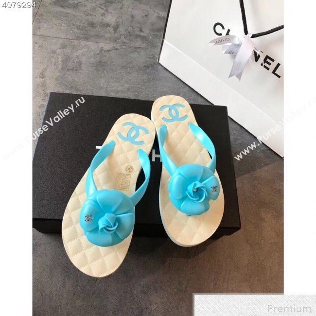 Chanel Camellia Flat Slide Sandals Blue 2019 (EM-9042809)