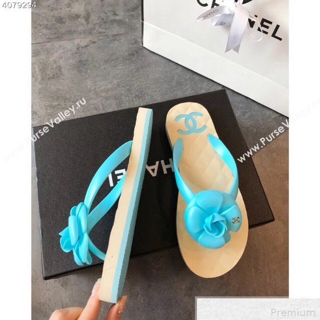 Chanel Camellia Flat Slide Sandals Blue 2019 (EM-9042809)