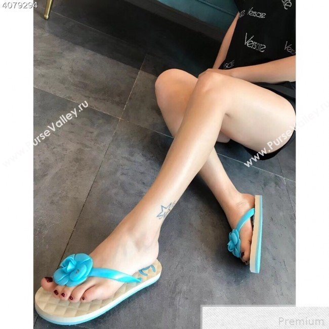 Chanel Camellia Flat Slide Sandals Blue 2019 (EM-9042809)