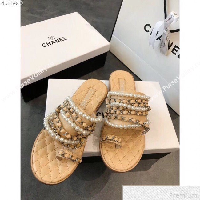 Chanel Pearls Lambskin Flat Sandals G34407 Apricot 2019 (EM-9042815)