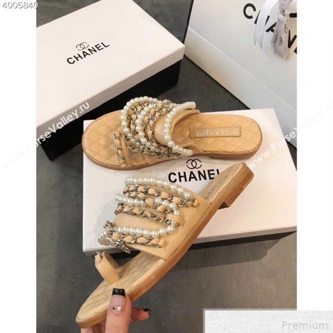 Chanel Pearls Lambskin Flat Sandals G34407 Apricot 2019 (EM-9042815)