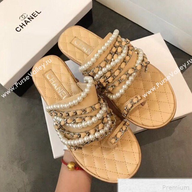 Chanel Pearls Lambskin Flat Sandals G34407 Apricot 2019 (EM-9042815)