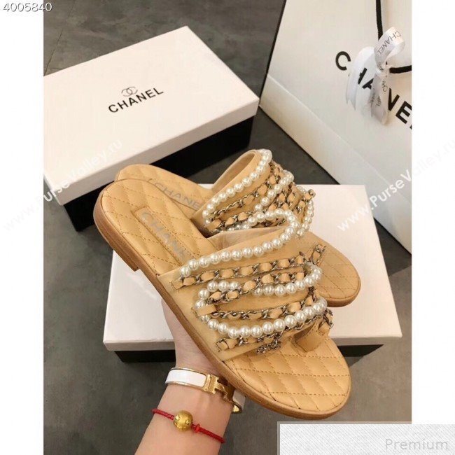 Chanel Pearls Lambskin Flat Sandals G34407 Apricot 2019 (EM-9042815)