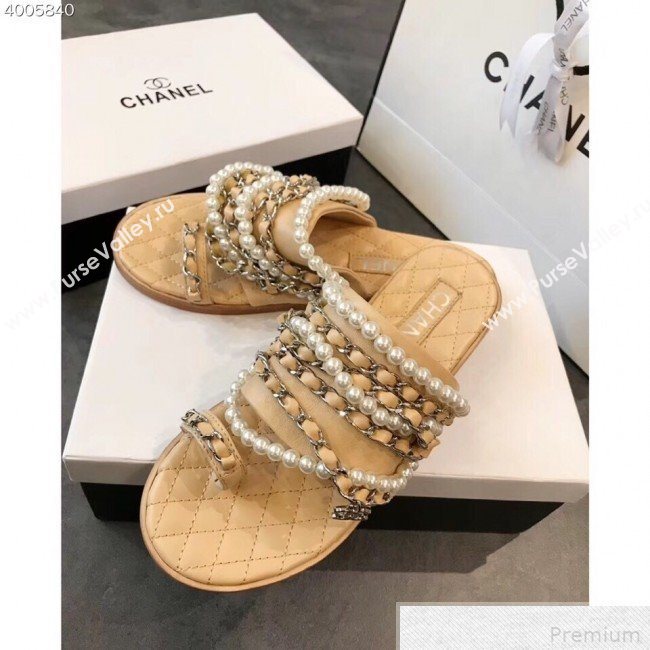 Chanel Pearls Lambskin Flat Sandals G34407 Apricot 2019 (EM-9042815)