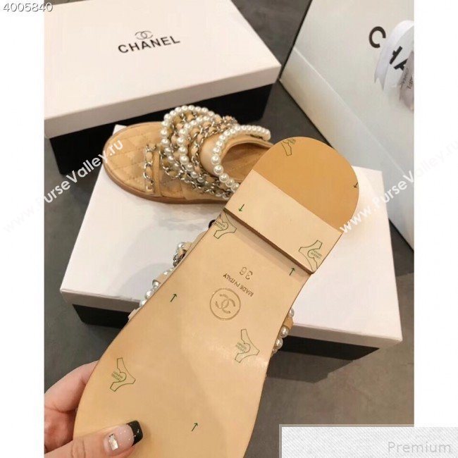 Chanel Pearls Lambskin Flat Sandals G34407 Apricot 2019 (EM-9042815)