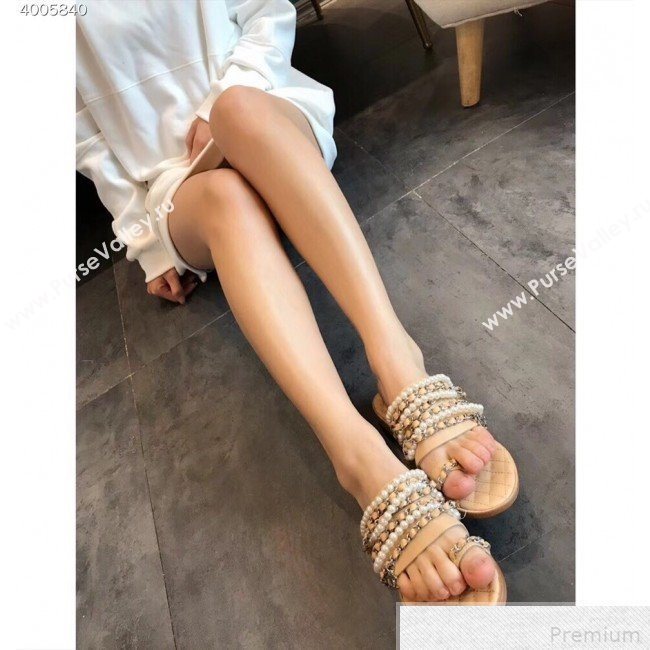 Chanel Pearls Lambskin Flat Sandals G34407 Apricot 2019 (EM-9042815)