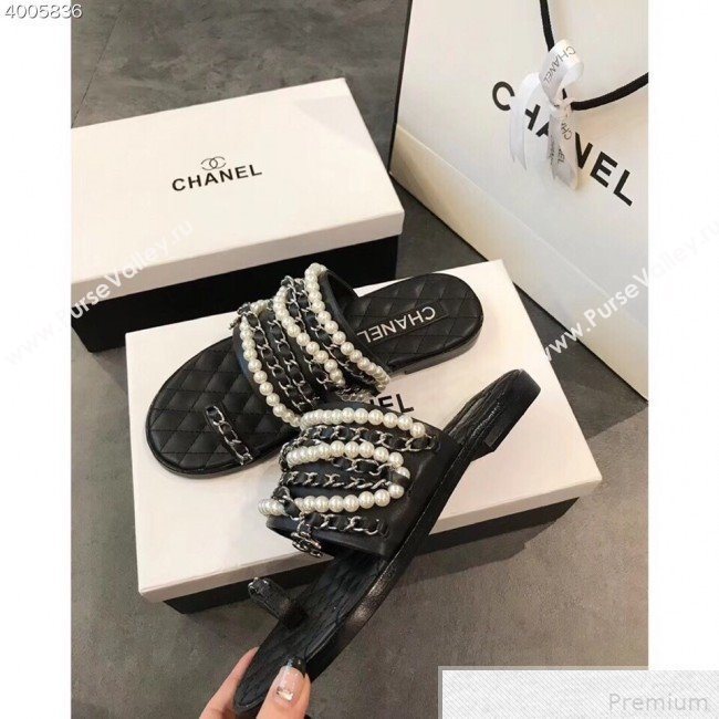 Chanel Pearls Lambskin Flat Sandals G34407 Black 2019 (EM-9042814)