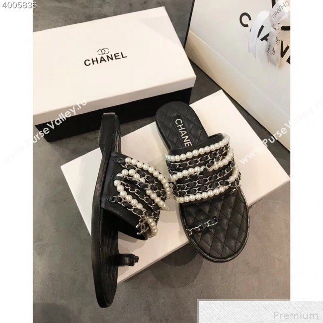 Chanel Pearls Lambskin Flat Sandals G34407 Black 2019 (EM-9042814)