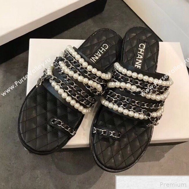 Chanel Pearls Lambskin Flat Sandals G34407 Black 2019 (EM-9042814)