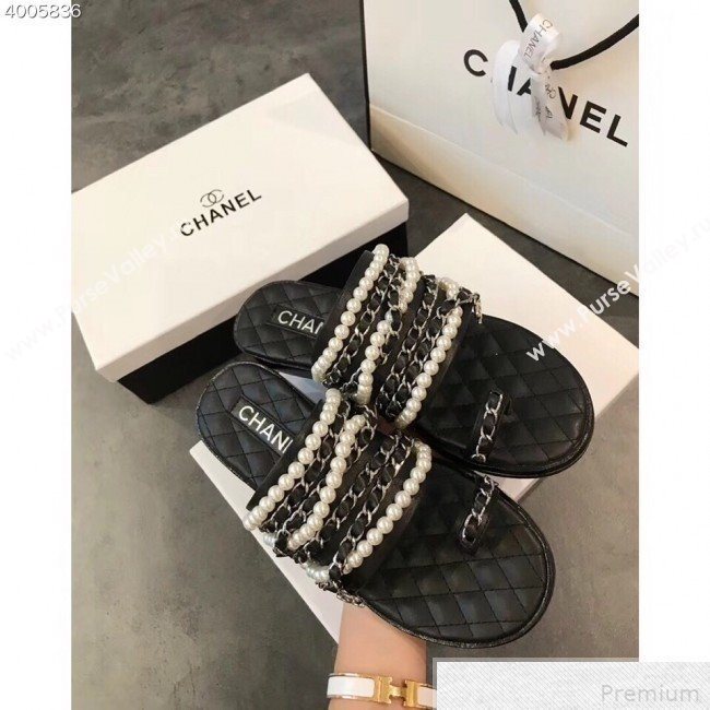 Chanel Pearls Lambskin Flat Sandals G34407 Black 2019 (EM-9042814)
