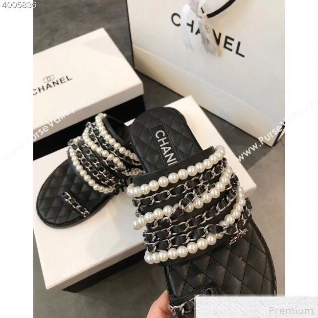 Chanel Pearls Lambskin Flat Sandals G34407 Black 2019 (EM-9042814)