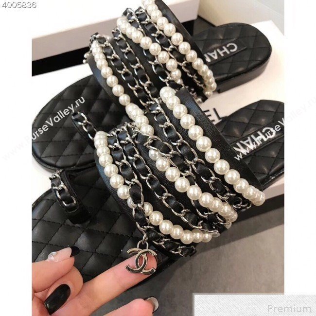 Chanel Pearls Lambskin Flat Sandals G34407 Black 2019 (EM-9042814)