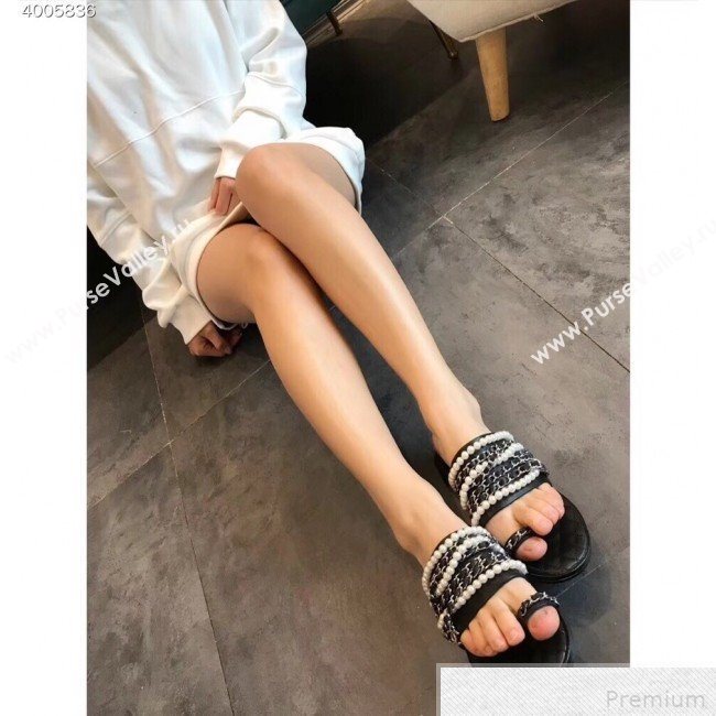 Chanel Pearls Lambskin Flat Sandals G34407 Black 2019 (EM-9042814)