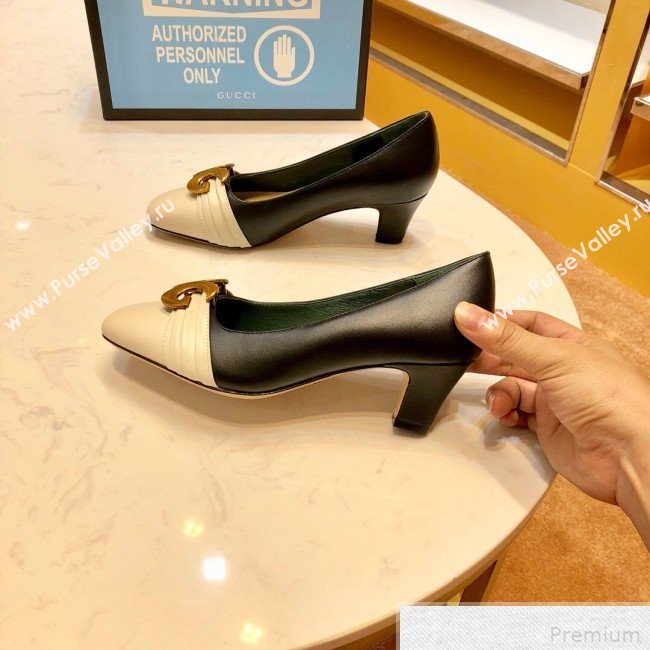 Gucci Leather Mid-heel Pump with Half Moon GG 565600 White/Black 2019 (SIYA-9042832)