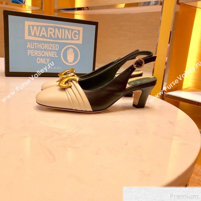 Gucci Leather Mid-heel Slingback Pump with Half Moon GG ‎572818 White/Black 2019 (SIYA-9042834)